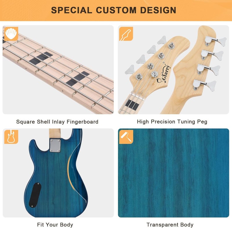 GLARRY GP Series Full Size Electric Bass Guitar 4 String Beginner Kit Canadian Maple Fingerboard with Cable, Strap, Bag and Accessories(Blue) - Image 5